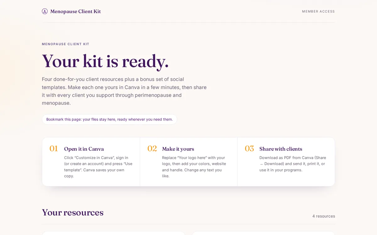 Menopause Client Kit access page